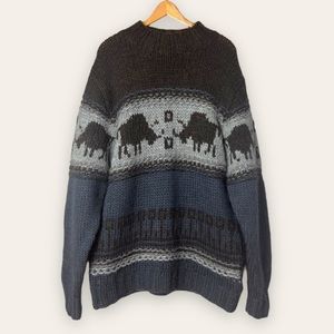 Vintage Timberland Bison Buffalo Handknit Chunky 100% Wool Sweater VTG